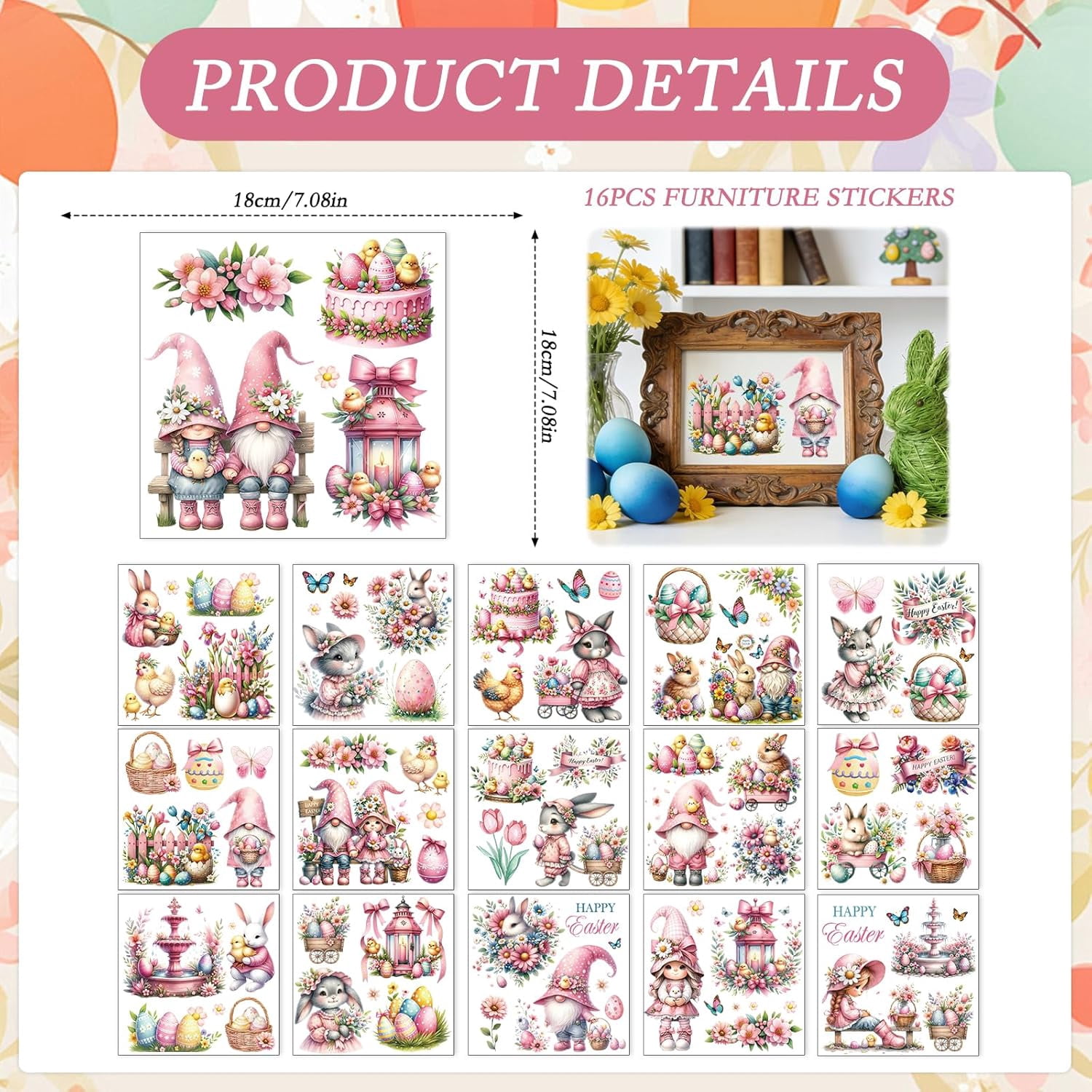 Easter Rub on Transfers for Crafts - 16 Pcs Bunny Gnome Rub on Transfers for Furniture Cute Rabbit Flower Egg Transfer Decals for Wood DIY Glass Home Decor 5.7x5.7 Inch