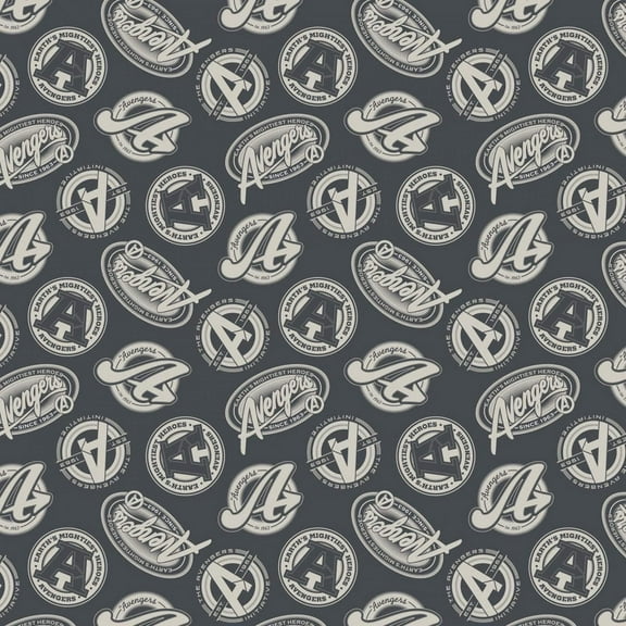 Marvel Avengers Tossed Logos in Charcoal 100% Cotton Fabric Sold by the Yard