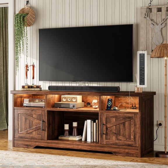 Farmhouse LED TV Stand for 65 Inch TV, Entertainment Center with Power Outlet, Media Console with Storage Cabinets and Shelves, Walnut