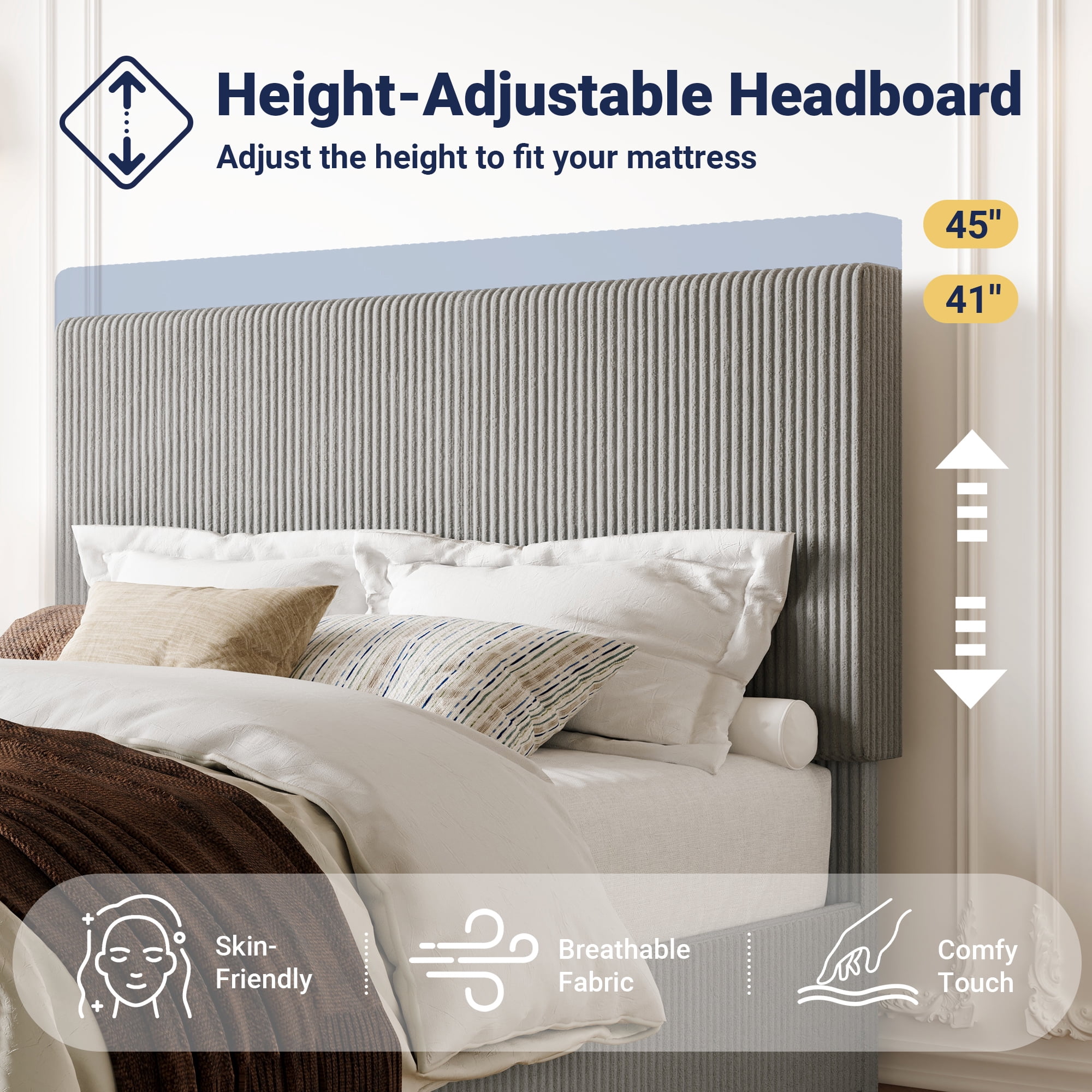 Allewie Queen Bed Frame, Upholstered Platform Bed, Adjustable Vertical Channel Tufted Headboard, Corduroy Fabric, Modern Low Profile, Wooden Slats, No Box Spring Needed, Easy Assembly, Light Grey