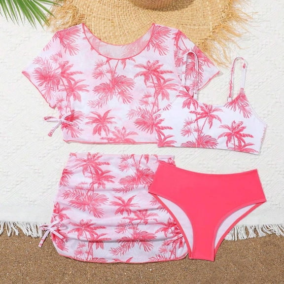 BXSRUTA Girls 4 Piece Printed Swimsuit Set Quick Dry Tankini Kids Bathing Suits Summer Beach Outfits for Teen Girls