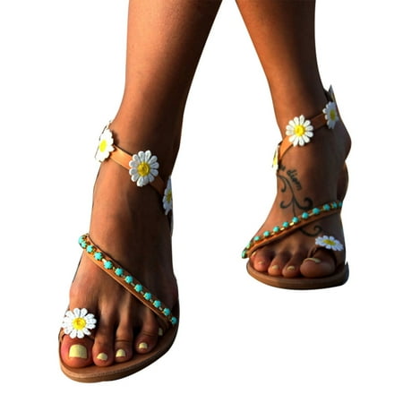 

The Turquoise Daisy Sandals for Women Open Toe Flat Heel Shoes Summer Beach 36