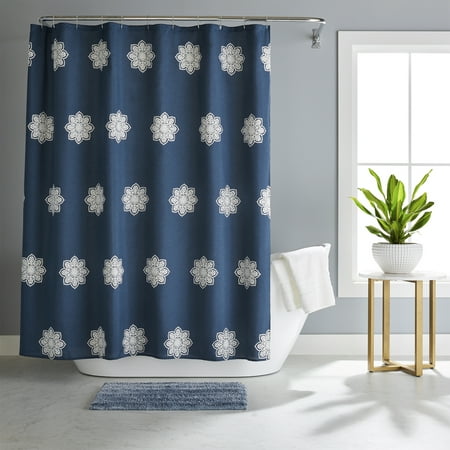Better Homes & Gardens Maura 14-Piece Chambray Medallion 72"x72" Shower Curtain Set with Hooks and Bath Rug, Navy