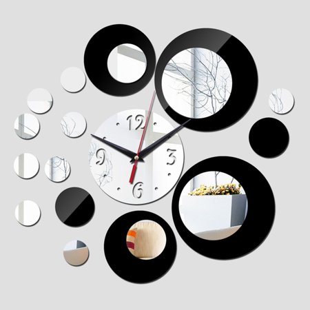 BLUESON Acrylic Mirror Diy Creative Wall Clock For Living Room Bedroom Study Office, Silver+Black