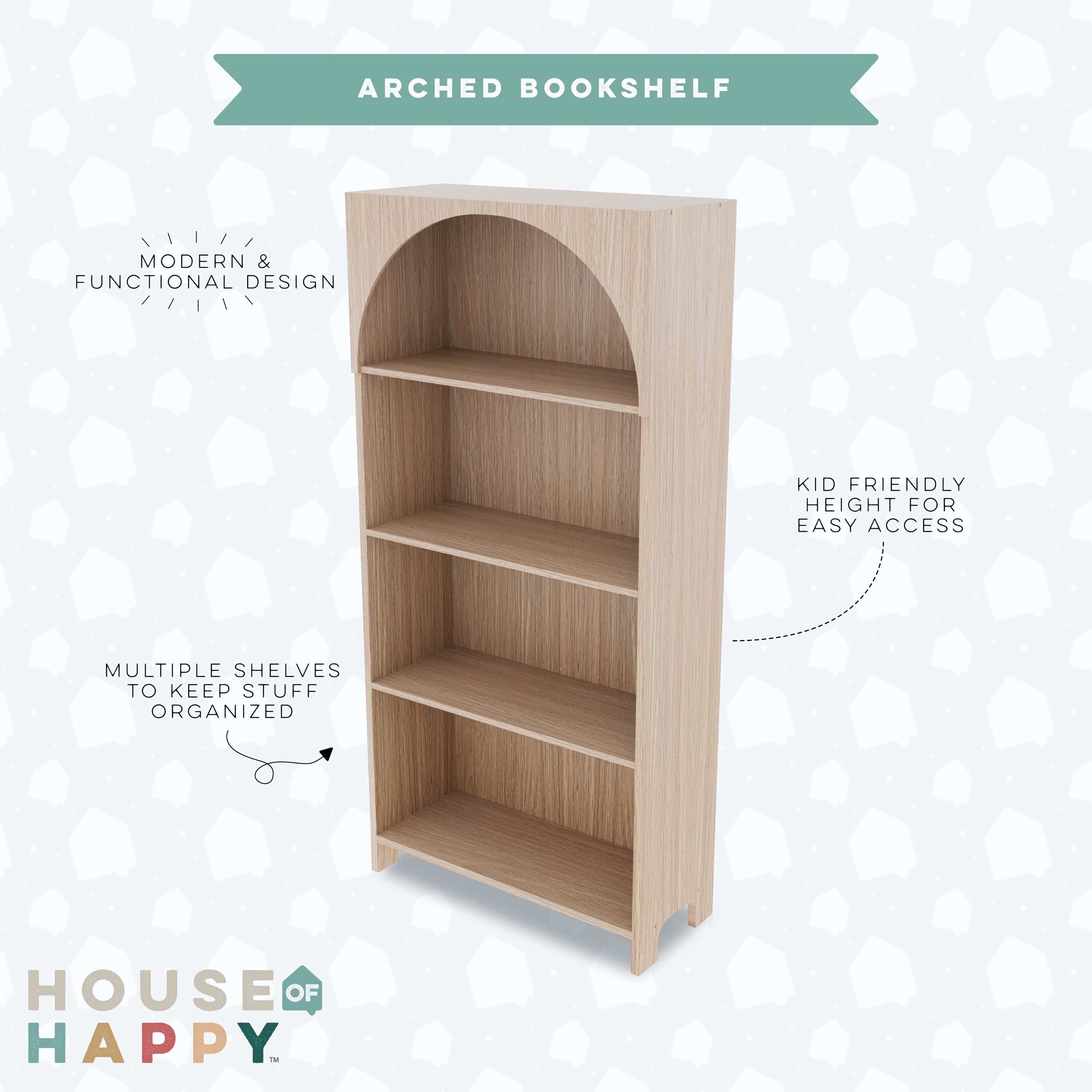 House of Happy Arched Bookshelf, Natural