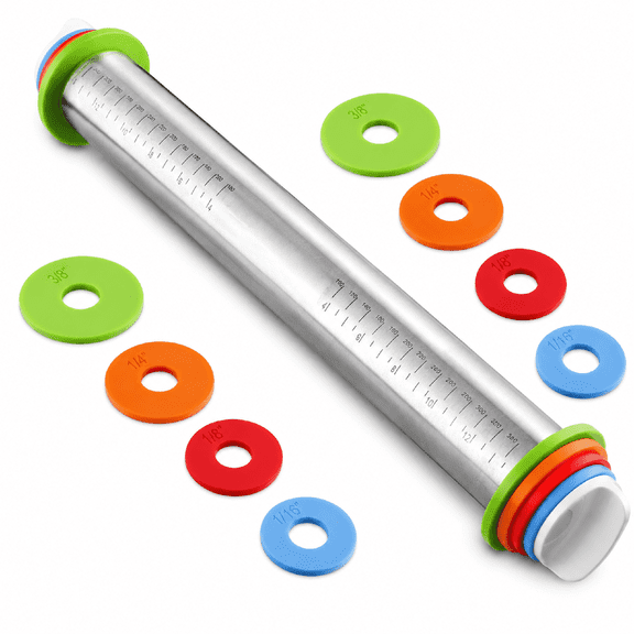 Rolling Pin & Pastry Mat Set, Stainless Steel Dough Roller, 4 Adjustable Rings, 17 inch for Baking