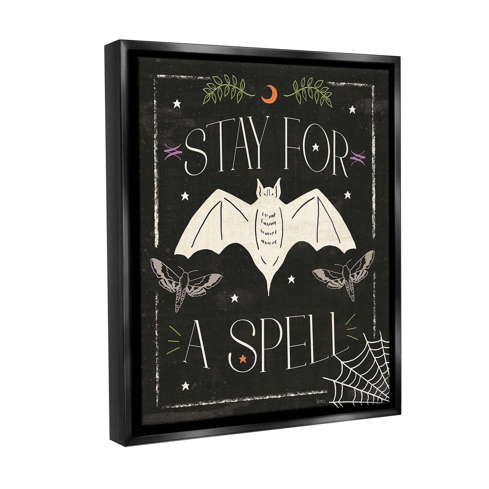 Stupell Industries Stay For A Spell Phrase Holiday Painting Black Floater Framed Canvas Art Print Wall Art, 17 x 21
