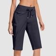thumbnail image 2 of iHPH7 Women's Casual Pedal Pushers Cropped Pants High Waisted Drawstring Elastic Waist Cargo Pockets Side Slit Detail Lightweight Comfy Summer Lounge Vacation Daily Wear Pedal Pushers Navy M, 2 of 8