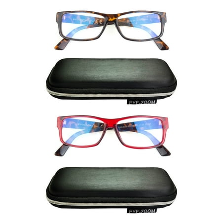 EYE ZOOM 2 Pack Extra Wide Fashion Plastic Blue Light Blocking and Anti UV Reading Glasses, Mul-color +2.50