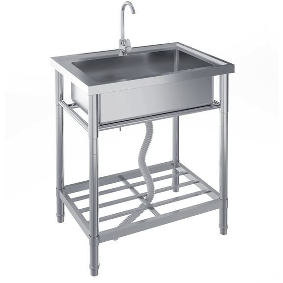 Stainless Steel Utility Sink, 28 Inch Single Bowl Free Standing Sink with Faucet & Hot & Cold Water Plumbing for Laundry Room, Kitchen, Garage, Workshop, Outdoor Use, Deep Basin, Heavy-Duty