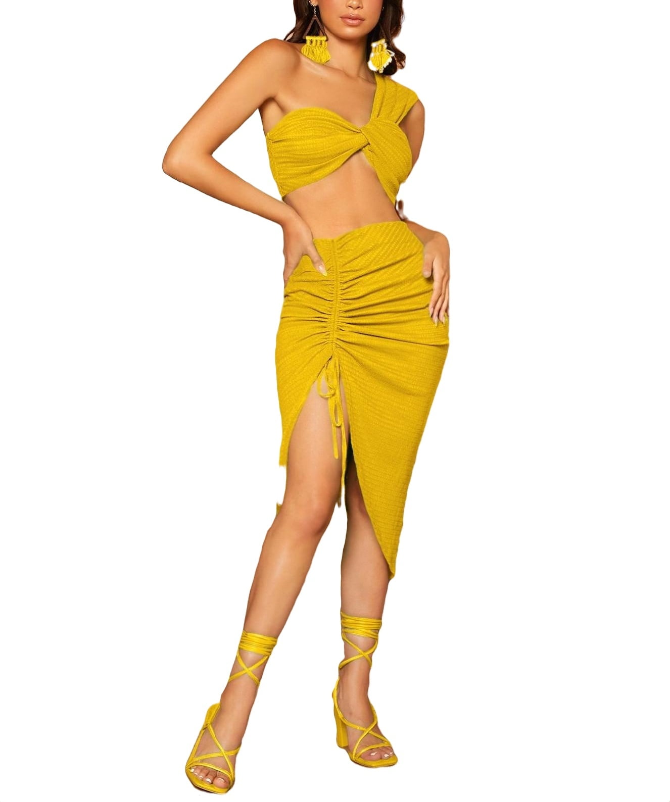 Women s Stretch Plain Boho Plain One Shoulder Mustard Yellow Two