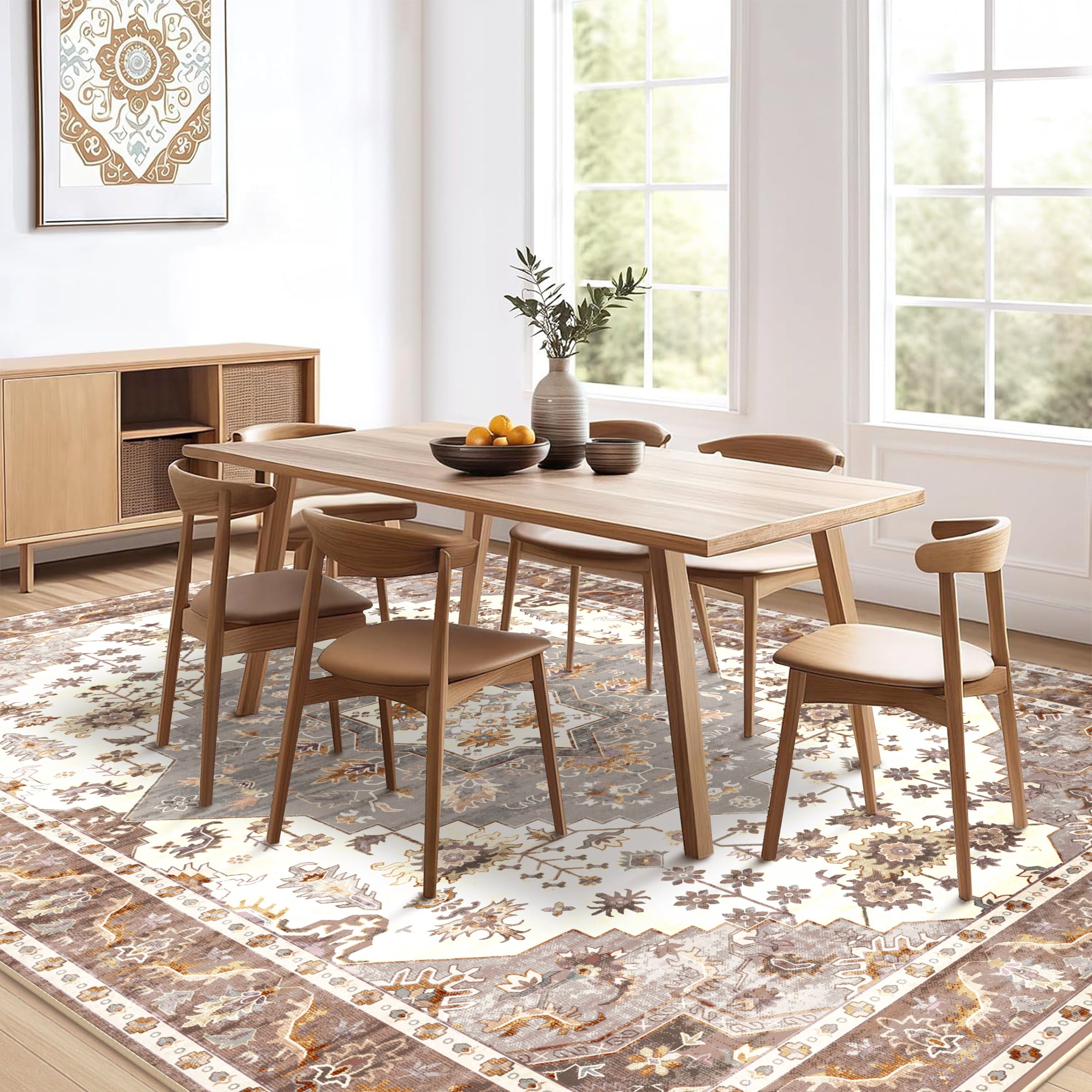 Nefoso 8ft x 10ft Vintage Area Rugs, Washable Area Rugs for Living Room Bedroom Kitchen Home Decor, Non-Slip Carpet, Brown & Beige
