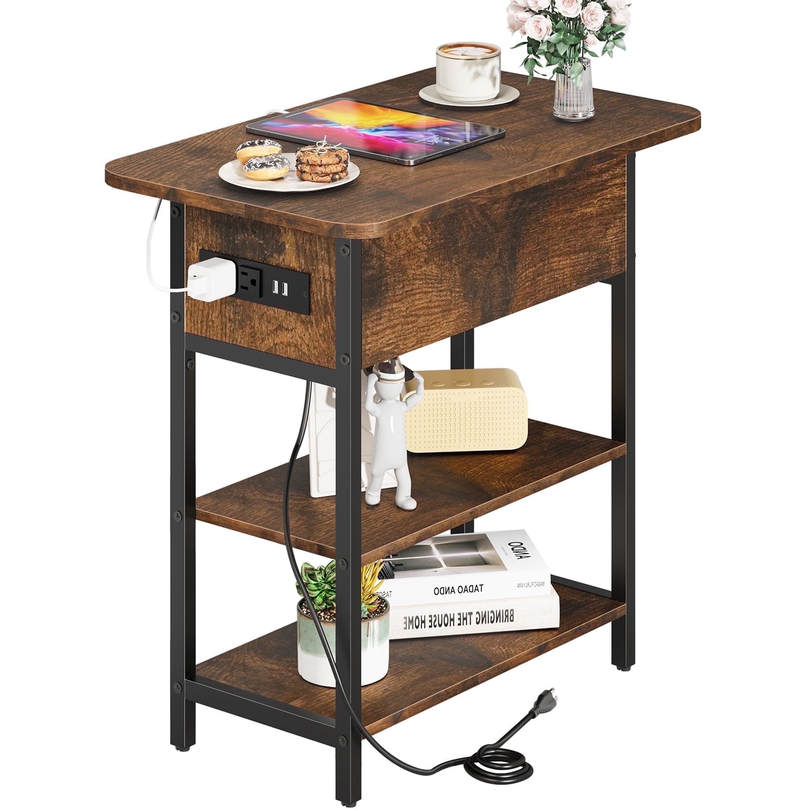Yoobure End Table with Charging Station, Berry Brown
