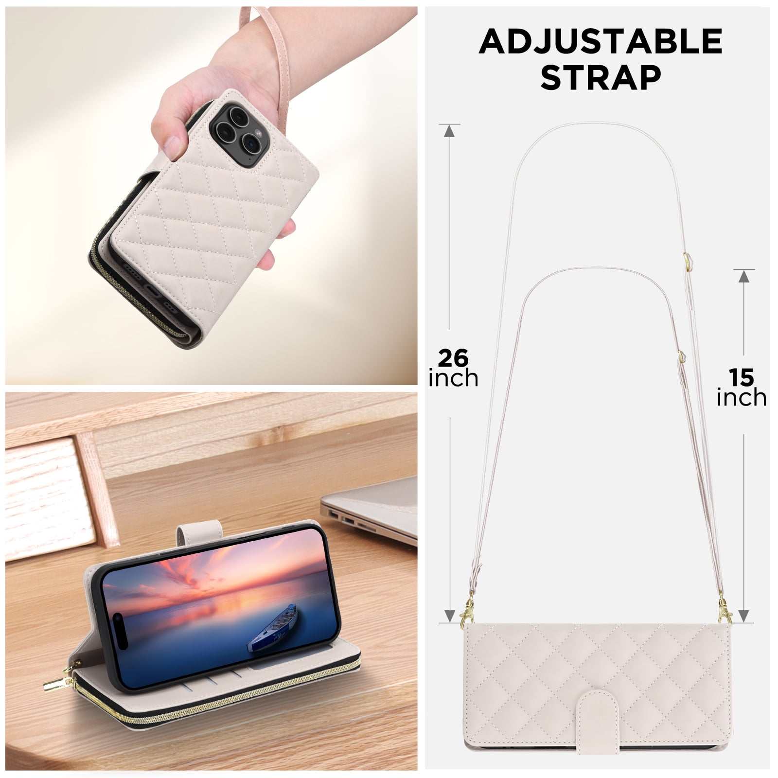 Compatible for iPhone 12 Pro / 12 6.1" Wallet Case, Crossbody Strap PU Leather Folio Phone Cover, Zipper Handbag Purse with Card Holder Lanyard Flip Stand for iPhone 12 Pro / 12 6.1", Beige