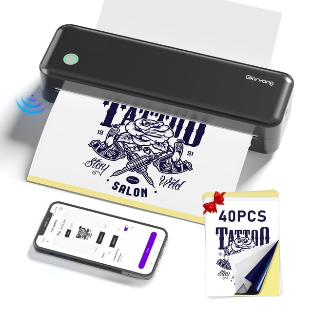 Gloryang Wireless Tattoo Transfer Stencil Printer, Portable Thermal Tattoo Machine for Tattoo Beginners with 40pcs Stencil Paper, Compatible with Smartphone & PC, Rechargeable