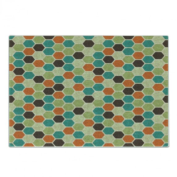 Retro Cutting Board, Hexagonal Shapes Honeycomb Geometric Pattern with Grunge Effect and Retro Colors, Decorative Tempered Glass Cutting and Serving Board, Small Size, Multicolor, by Ambesonne