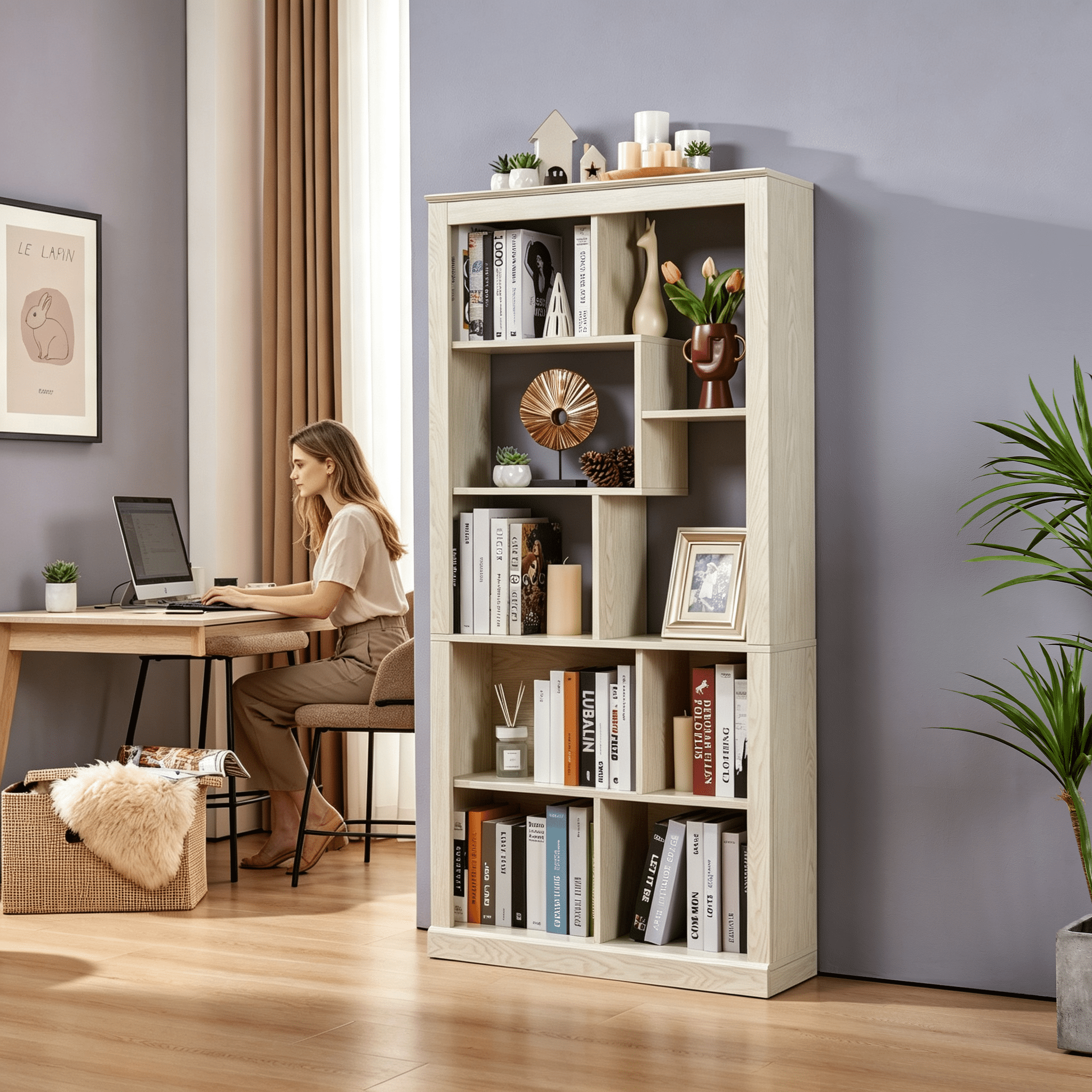 Free Combination Wood Open Bookshelf, Multi Space Display Storage Cabinet, Freestanding Bookcase with Anti-Tip Straps, Classified Storage Organizer for Living Room Bedroom Home Office
