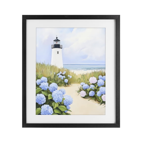 Stupell Industries Hydrangea Path Leading to Lighthouse Black Framed Print Under Glass, design by Sisi and Seb