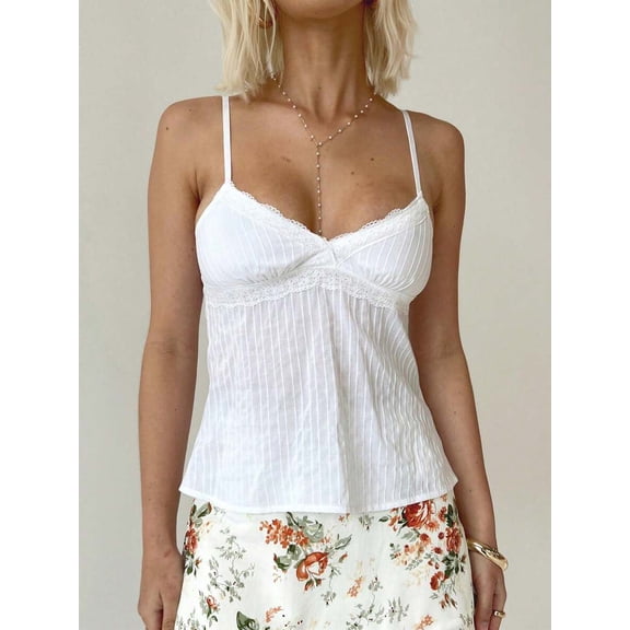 Women Y2K Lace Spaghetti‑Strap Crop Camisole Top, V‑Neck Babydoll Peplum Going‑Out Tank Top For Summer Beach Vacation