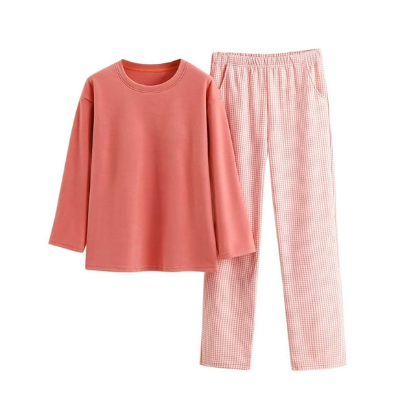 Diufon Pajamas Set for Women Long Sleeve Crewneck Pullover with Padded and Plaid Long Pants Sets with Pockets