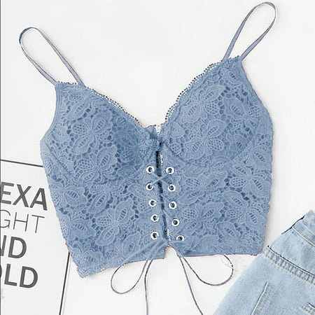 USSUMA Camisole Tops for Women Womens Tops Women s Lace Bra Casual Eyelet Lace Up Sleeveless Spaghetti Strap Zip Back Crop Camisole Underwear Vest Up to 45% Off Womens Tops