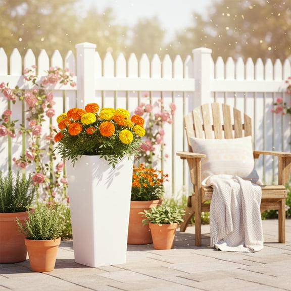 GreenShip 27 inch Tall Planters for Outdoor Plants, Large WhiteStone Flower Pots with Drainage & Inner Shelf, Modern Decorative Garden Pots for Porch, Patio, Front Door