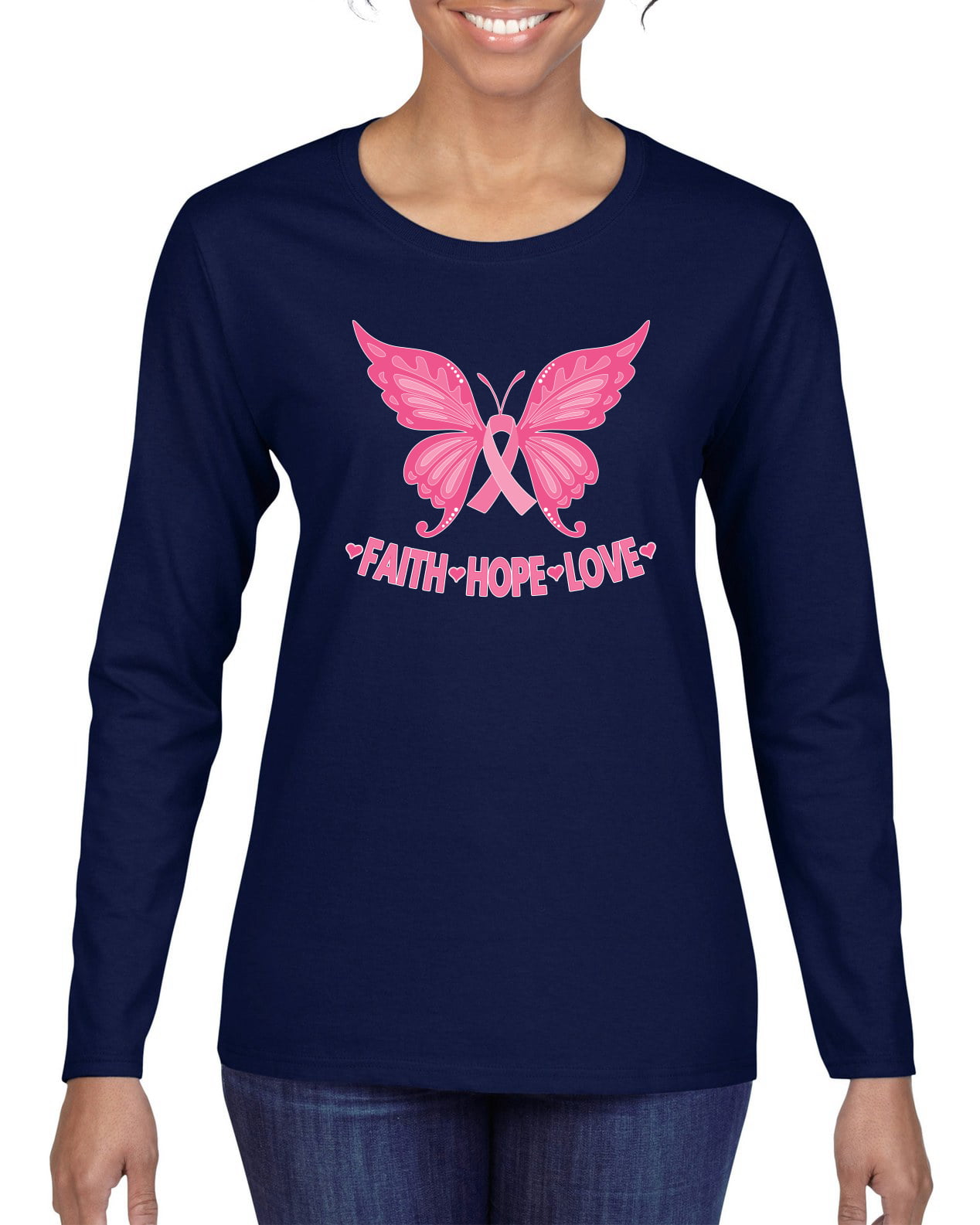 Faith Hope Love Pink Ribbon Breast Cancer Awareness T-Shirt Womens Long Sleeve Peace Love Inspirational Shirts