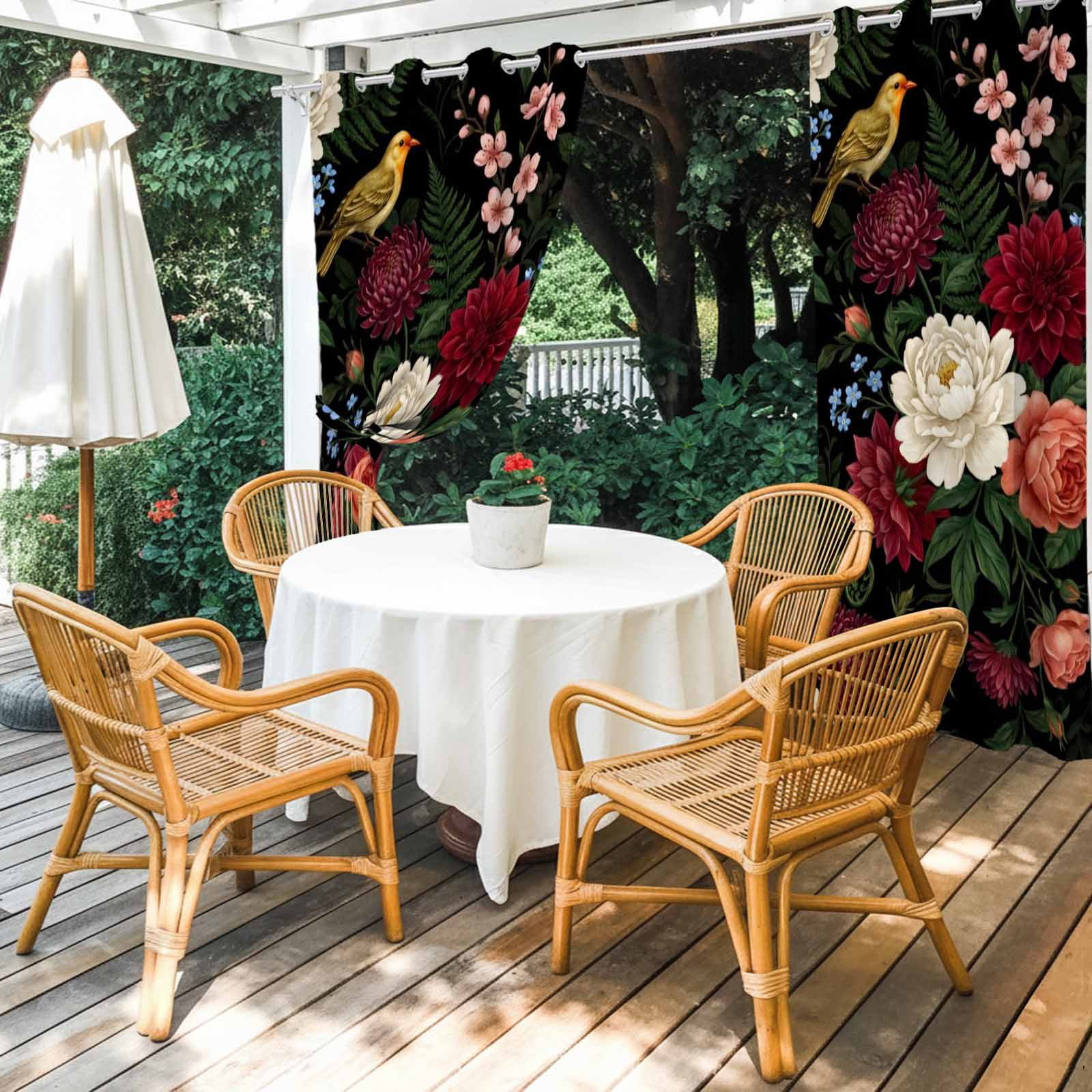Peony Rose Outdoor Curtains for Patio, Rustic Botanical Vintage White Red Flower Fern Leaf Sunshade Privacy Drapes Grommet Waterproof Outside Curtains for Porch/Cabana/Balcony 54"x 108", 1 Panel