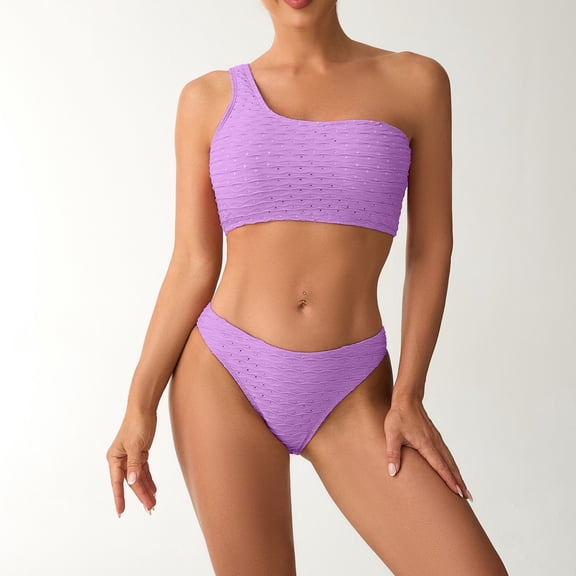 Maqroz Womens One Shoulder Bikini Sets Two Piece Swimsuits High Waisted Bathing Suits Textured Swim Top Cheeky Bottoms Beach Swimwear