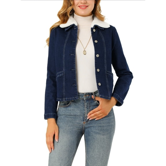 INSPIRE CHIC Women's Turn Down Collar Long Sleeve Button Down Short Denim Jacket XL Dark Blue