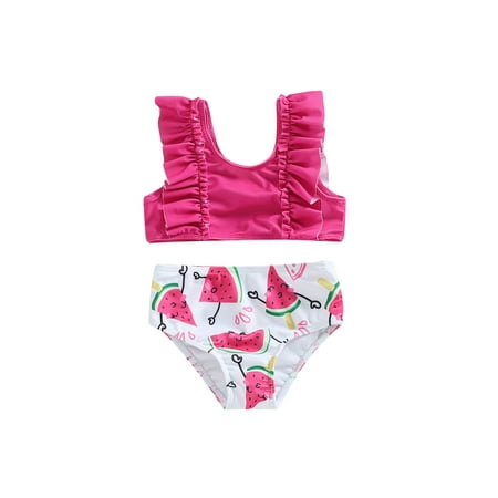 

Canrulo Toddler Baby Girl Tankini Swimsuit Ruffle Sleeveless Solid Color Tank Tops Fruit Print Bikini Set Summer Swimwear Rose Red Watermelon 2-3 Years