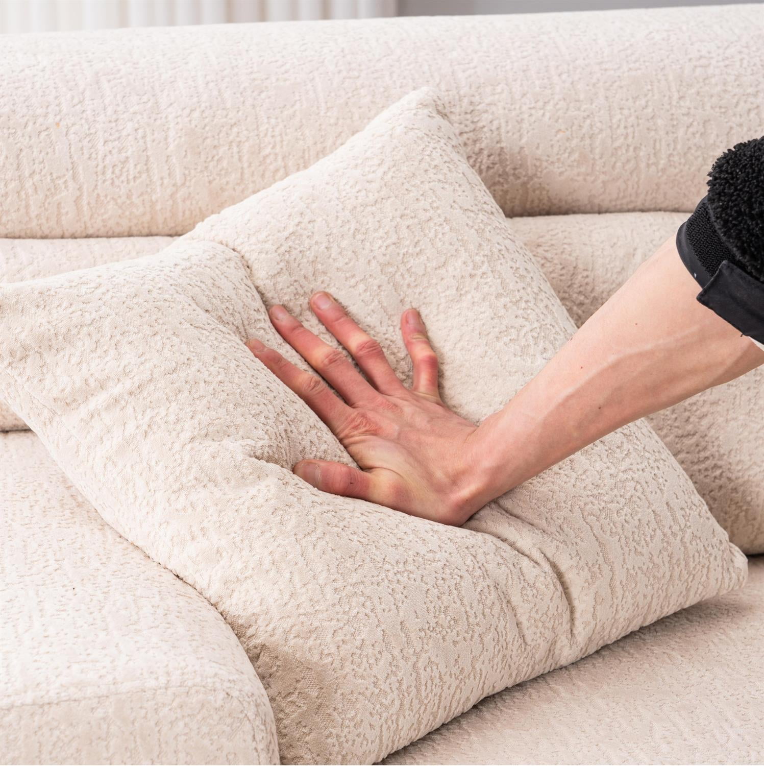 Demi Bonn 103" 4-Seater Compression Sofa Couch with Wood Grain Chenille Fabric, Full Sponge Cushion and 2 Cozy Pillows for Living Room, Beige