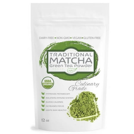 Pure Matcha Traditional Green Tea Powder, Certified Organic, Culinary Grade, Antioxidants, Non-GMO, Vegan, Gluten and Sugar Free 12oz