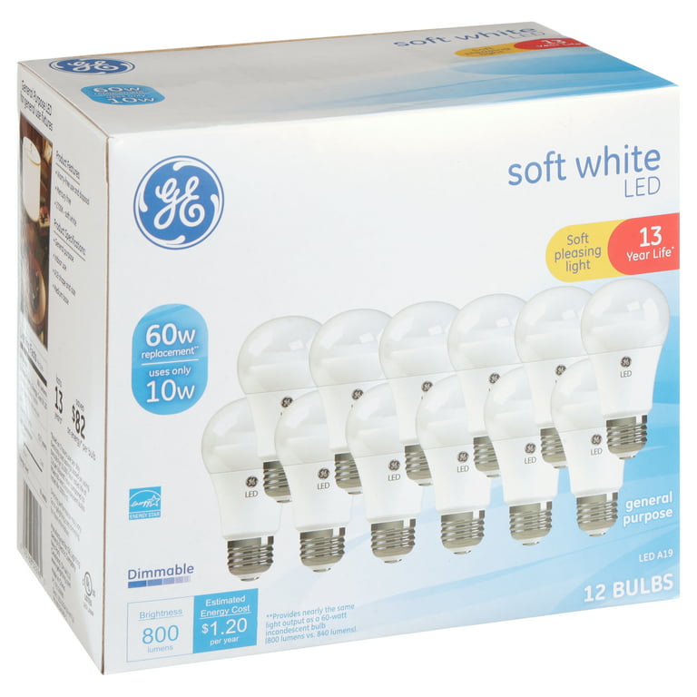 GE Soft White A19 General Purpose 10-Watt LED Light Bulb (60W Equivalent),  Dimmable, Medium Base, 12-Pack
