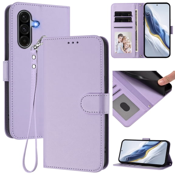 Wallet Case for Samsung Galaxy A57, PU Leather Protective Case Wallet with Card Holder/Cash Slot, Flip Kickstand, Wrist Hand Strap, Magnetic Clasp, Shockproof Full Body Phone Cover, Lightpurple