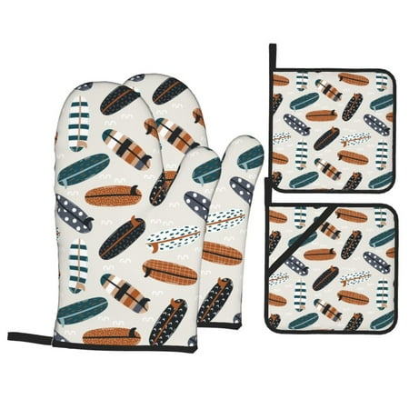 

Oven Mitts and Pot Holders Sets 4 pcs Summer surf boards Non-Slip Oven Gloves Potholders Soft Quilted Lining Heat Resistant Gloves Hot Pads for Kitchen Cooking Baking