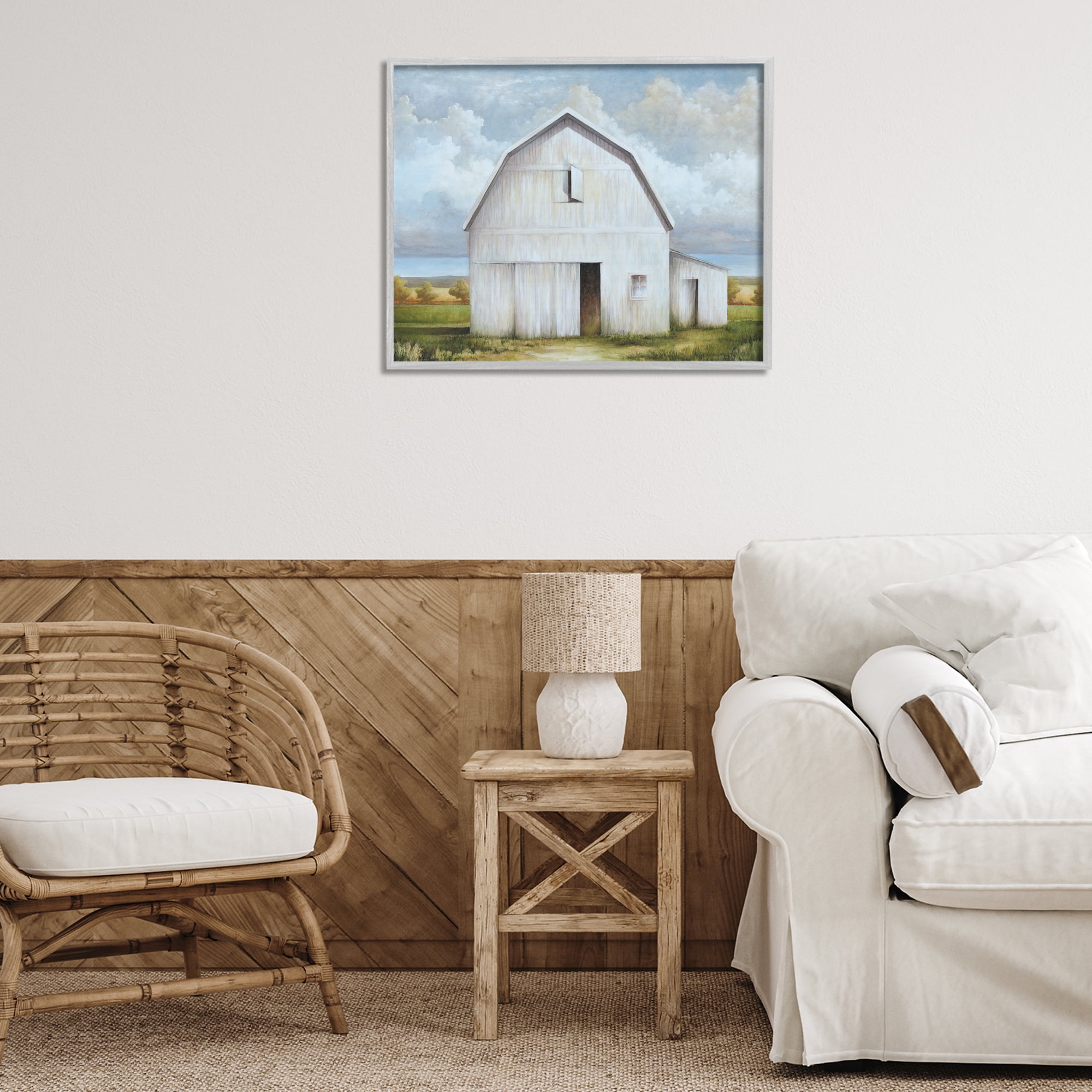 Stupell Industries White Barn with Clouds Landscape Painting Gray Framed Art Print Wall Art, 30 x 24