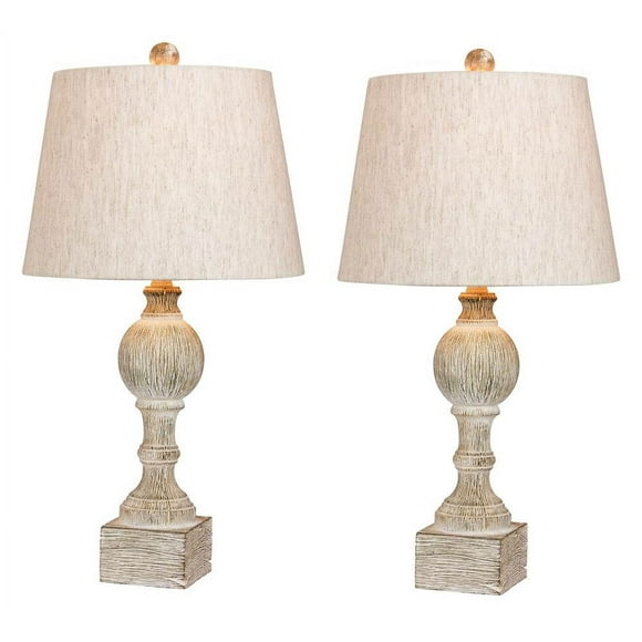 Cory Martin W-6239CAW-2PK Fangio Lighting's #6239CAW-2PK Pair of 26.5 in. Distressed, Sculpted Column Resin Table Lamps in a Cottage Antique White Finish, 2 Piece
