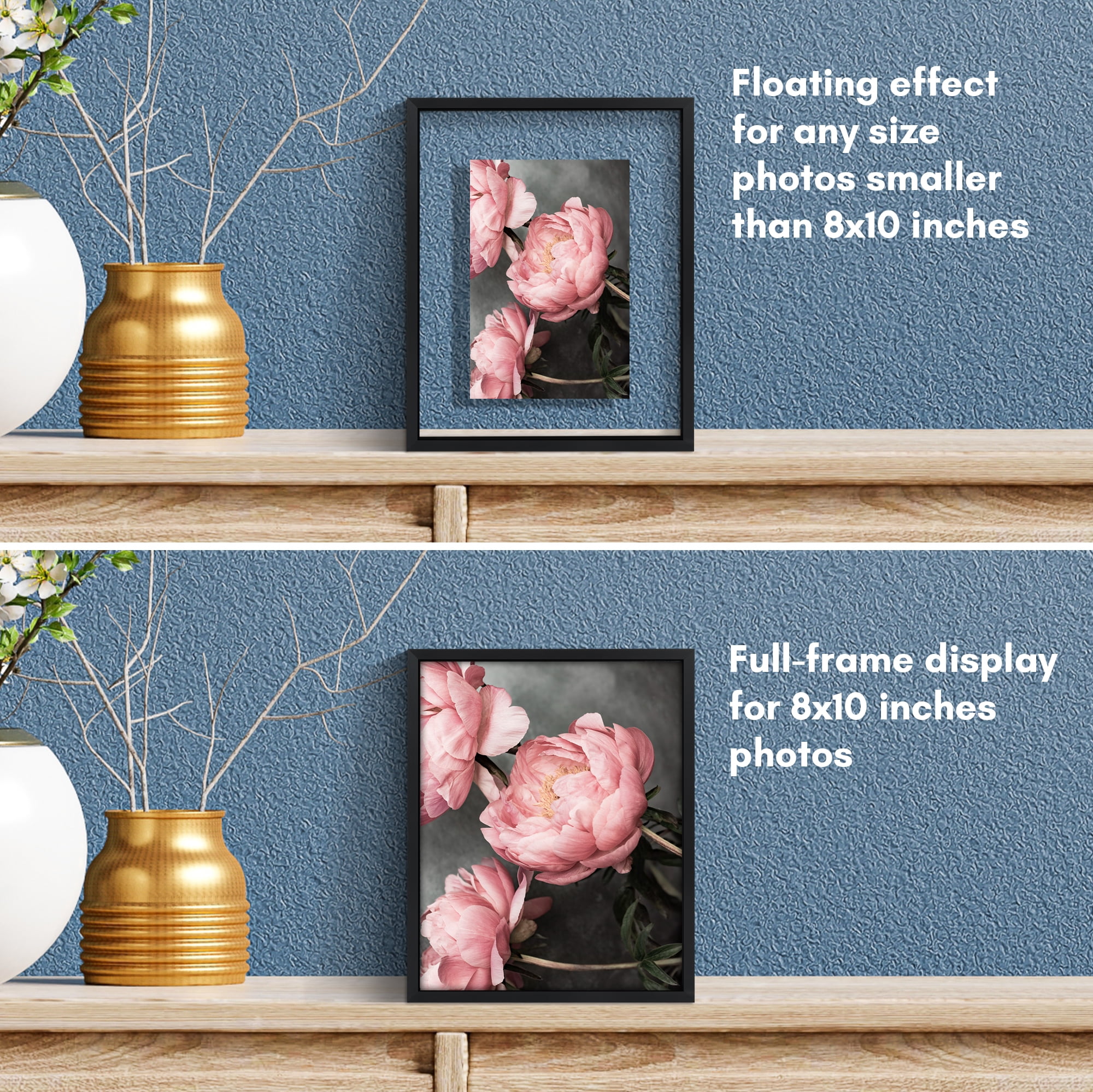 Americanflat 8x10 Picture Frame with Shatter-Resistant Glass 2 Pack Aluminum Floating Display Photo - Black