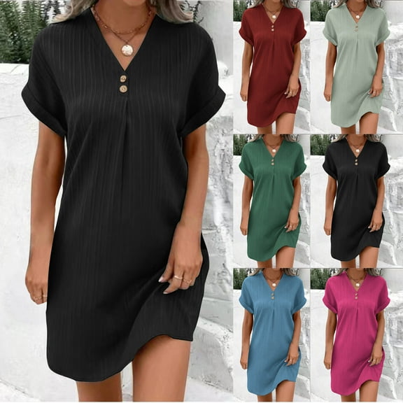 Antinious Women Casual Solid V-Neck Pocket Short Sleeve Knee High Soft Comfortable Dress