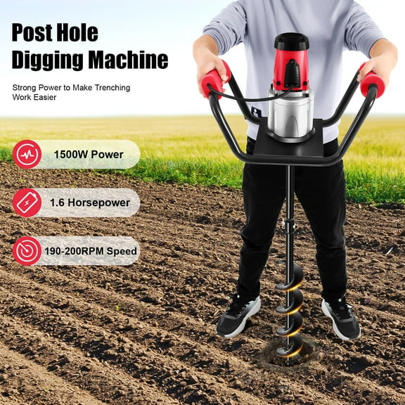 1500W Electric Post Hole Digger Earth Auger 1.6HP 4'' w/ Bits Post Hole Digger for setting of fence posts on the ground