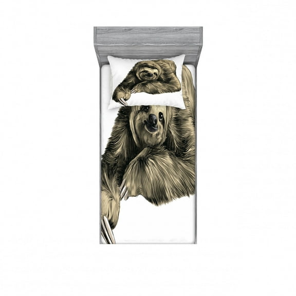 Sloth Fitted Sheet & Pillow Sham Set, Sweetly Smiling Jungle Animals Lying Down Crossed Legs Tropic Fauna Sketch, Decorative Printed 2 Piece Bedding Decor Set, Twin, Black Ivory, by Ambesonne