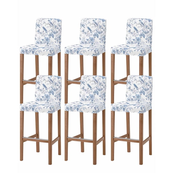 White Blue Spring Floral Bar Stool Covers Set of 6, Summer Birds Botanical Stretch Washable Bar Chair Covers with Backs, Removable Pub Counter Height Chair Cover for Kitchen Dining Room Cafe