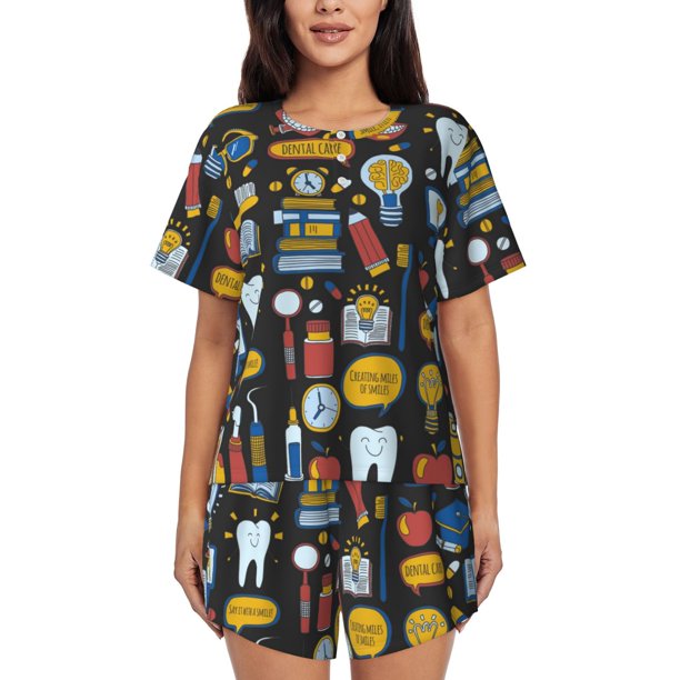 Fotbe Teeth Conjunto de Pijama Estampado para Mujer, 2 Piezas, Ropa de Dormir con Camiseta de Manga Corta y Shorts Suaves-Large
