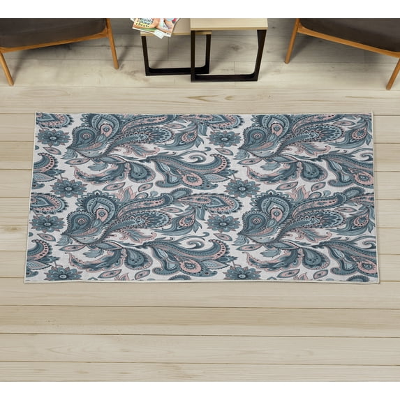 Paisley Decorative Rug, Ethnic Swirly Flowers Leaves Floral Pattern Bohemian Style Country Print, Quality Carpet for Bedroom Dorm and Living Room, 6 Sizes, Blue Grey Pale Rose, by Ambesonne