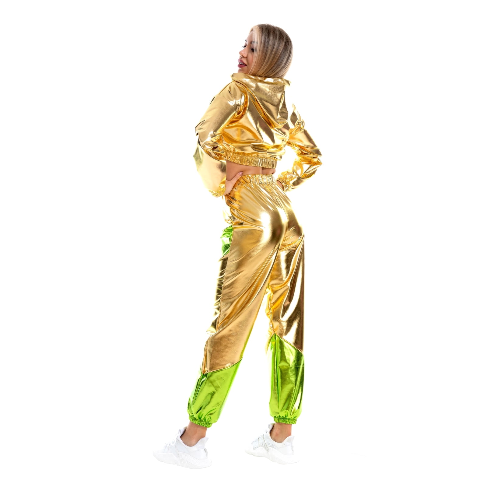 IBTOM CASTLE Women's Rave Outfit Shiny Crop Top Hoodie Casual Long Pants Hooded Workout Sweatshirt Dance Clubwear XL Gold