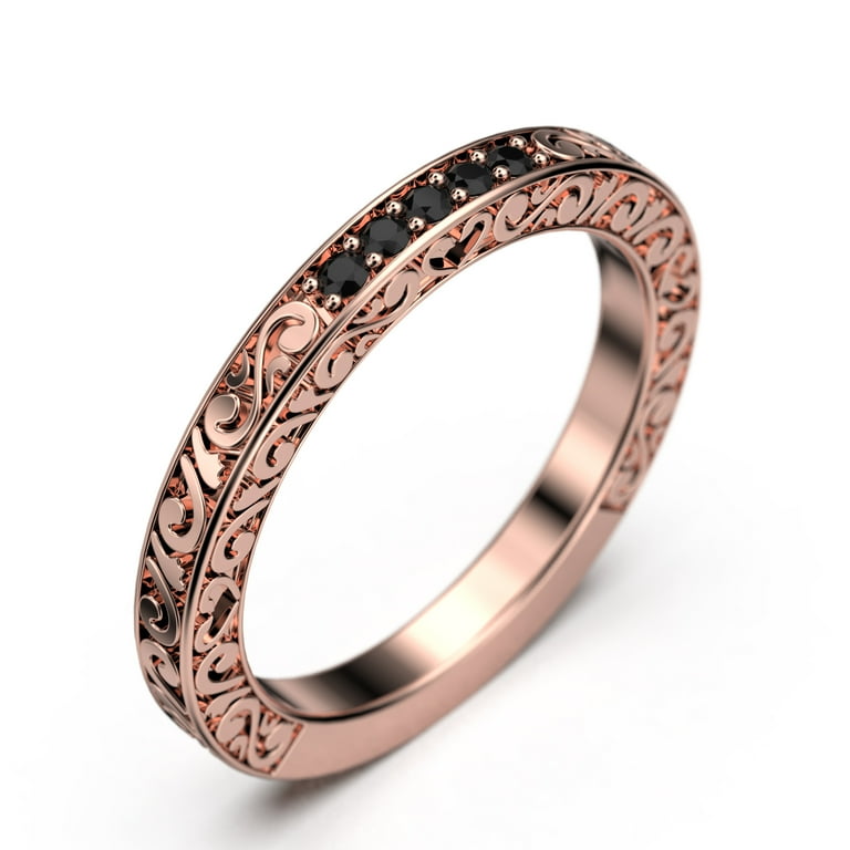.10ct Delicate Antique Scroll Black Diamond Moissanite Wedding Band 18K Rose Gold Over Silver