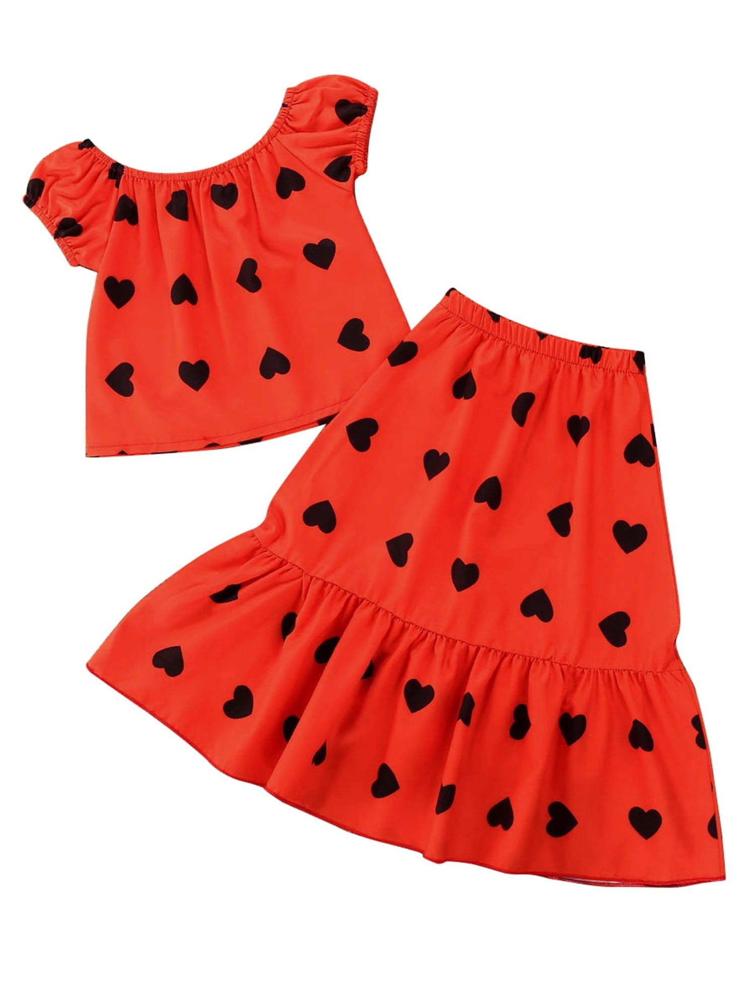 Little Girl Short Sleeve + Skirt Heart Shape Print Elastic Waist Unique