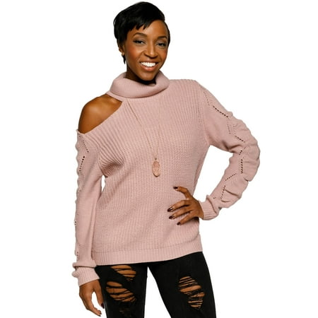Neck Kit - Xehar Women's Cold Shoulder Turtleneck Eyelet Knit Pullover Sweater
