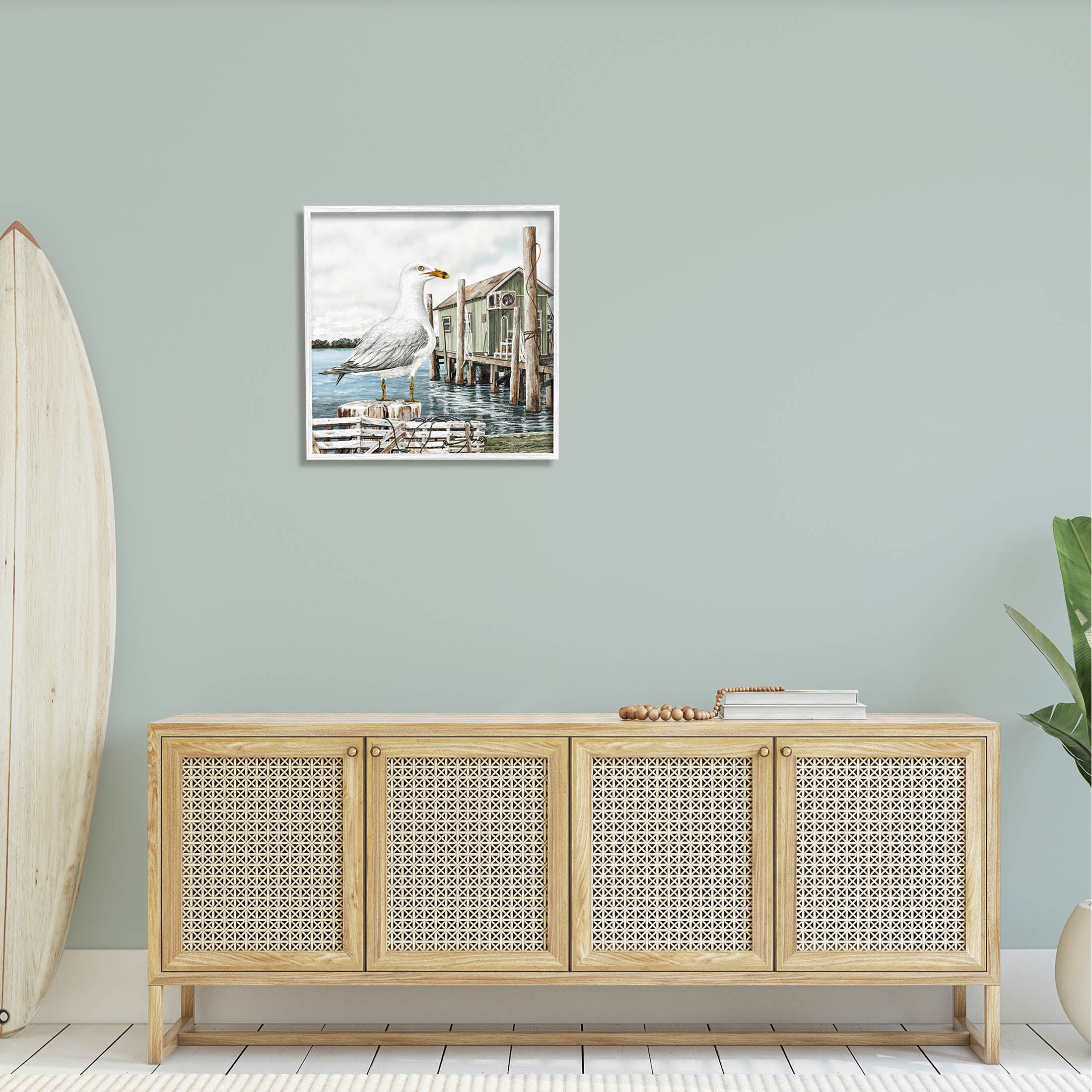 Coastal Seagull Perched Dock Marina Animals & Insects Painting White Framed Art Print Wall Art